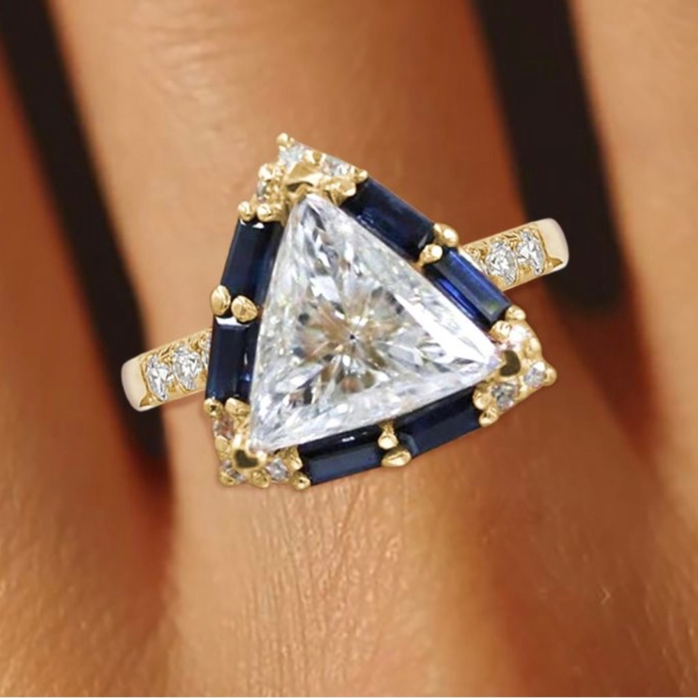 Halo Triangle Cut White & Blue Sapphire Engagement Ring - Picture 2 of 9